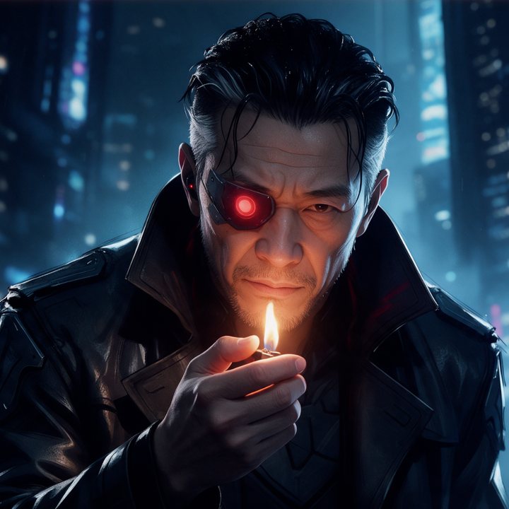 Kuroda, agent à l'œil cybernétique rouge, allume un briquet sous la pluie néon, portrait peint · personnage cyberpunk du jeu vidéo indé Sector 7, character design généré par IA