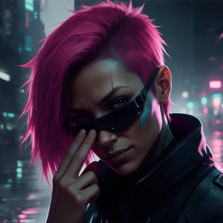 Mendes, agente aux cheveux roses, baisse ses lunettes noires sous la pluie néon, portrait peint · personnage cyberpunk du jeu vidéo indé Sector 7, character design généré par IA