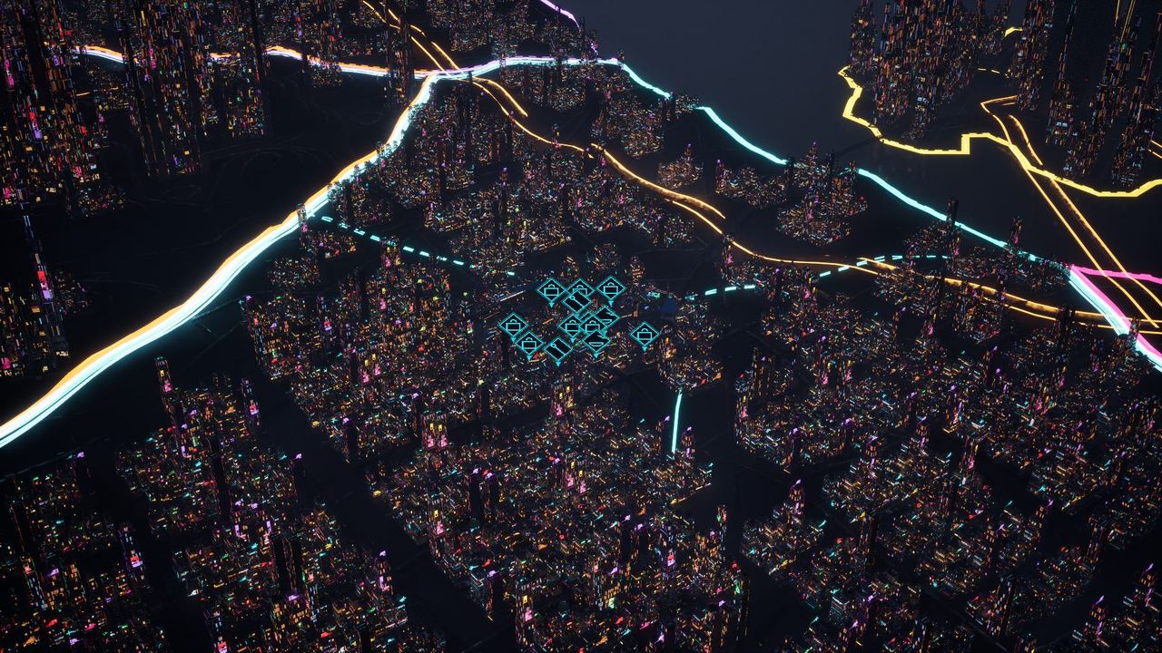 Capture automatique en jeu : la ville de Sector 7 vue de haut, de nuit