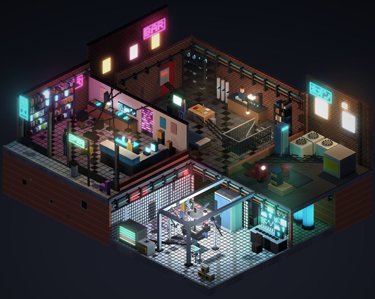Intérieur voxel du labo clandestin, avec bloc opératoire secret